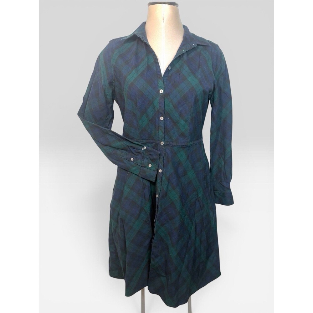 UNTUCKit Holly Shirt Dress Size 10 Blue Green Plaid Button Long Sleeve w/ Pocket
